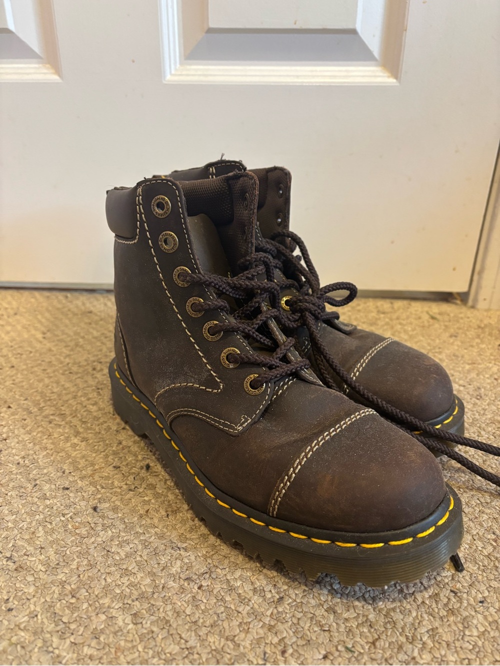 Dr. Martens Brown 1460 Lace-Up Leather Boots with Yellow Welt Stitching
